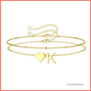 14K Gold-Plated Heart Initial Bracelet Adjustable Dainty Charm Gift
